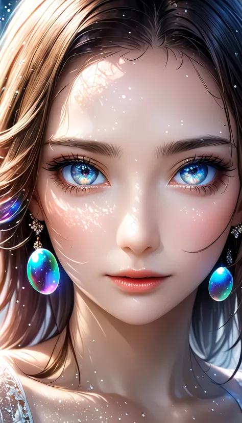 beautiful woman with seductionin her eyes, portrait, shading effects, gradation magic effects, glitter effects, soap bubbles eff...