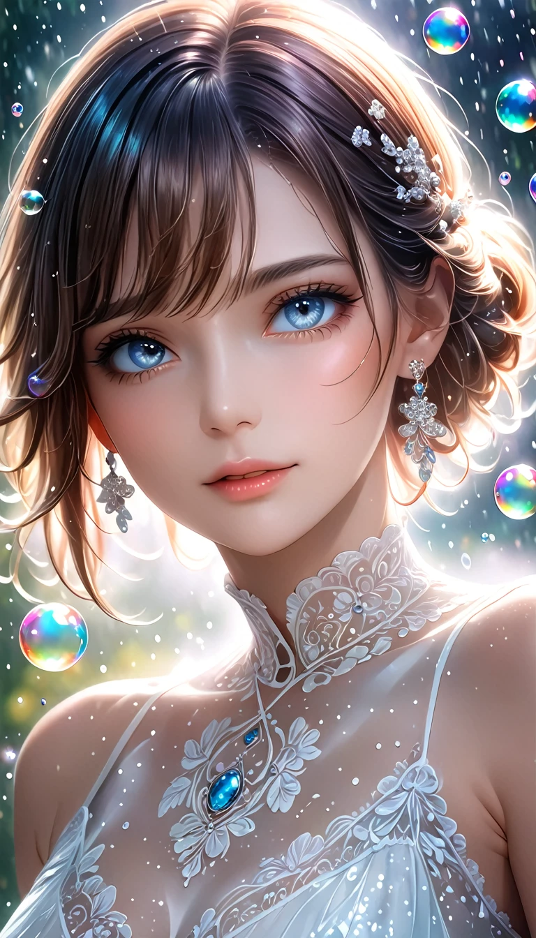 beautiful woman with seductionin her eyes, portrait, shading effects, gradation magic effects, glitter effects, soap bubbles effects, foggy filter effect, (ultra detailed, absolutely resolution, best quality:1.3), 2.5D, delicate and dynamic, artistic photography, hyper realistic, graphic CG digital art, 