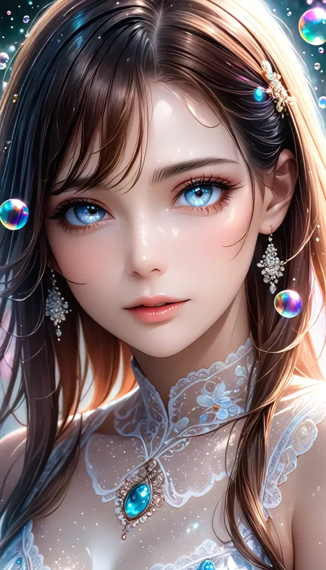 beautiful woman with seductionin her eyes, portrait, shading effects, gradation magic effects, glitter effects, soap bubbles eff...