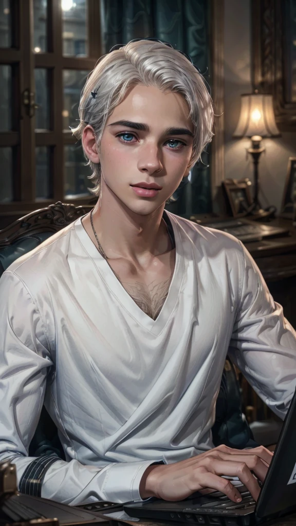 A young man, beautiful detailed eyes, beautiful detailed lips, extremely detailed eyes and face, long eyelashes, sitting, fiddling with laptop, white hair, black t-shirt, blue overcoat, power of technology, semi-realism, intricate details, cinematic lighting, photorealistic, 8k, hyper detailed, masterpiece, concept art, dramatic shadows