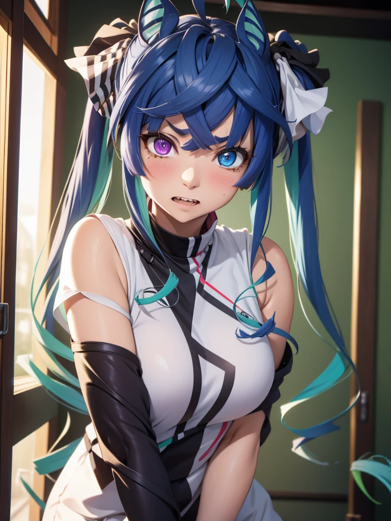 (​masterpiece、top-quality、hight resolution、Unity 8k、extremely details CG:1,Best Picture), Let me be raped! A married woman is confused when she is told, 39 years old, nsfw, Rutting eyes, Twin_Turbo_Umamusume, aqua hair, twintails, heterochromia, purple eyes, blue eyes, sharp teeth, Confusion, Blushing, dismay