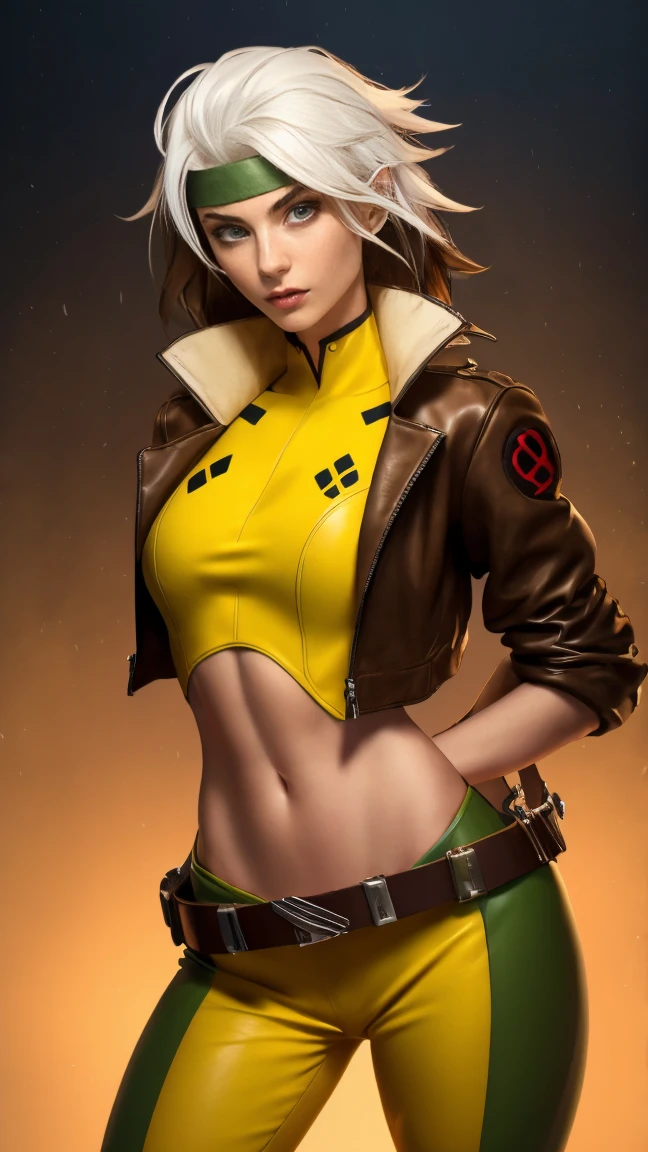 (Highly quality, masterpiece, detailed), night city detailed scenario, night city detailed background, 20 years old girl, solo, multi colored hair, white hair, brown hair, Superhero, Rogue, Xtreme, blue eyes, jacket, open clothes, belt, open jacket, headband, cropped legs, leather, leather jacket, green pants, yellow pants, yellow leather top, green leather top, crop top, navel, perfect face, beautiful eyes, perfect eyes, looking at the viewer, Sexy pose