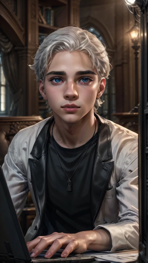 A young man, beautiful detailed eyes, beautiful detailed lips, extremely detailed eyes and face, long eyelashes, sitting, fiddling with laptop, white hair, black t-shirt, blue overcoat, power of technology, semi-realism, intricate details, cinematic lighting, photorealistic, 8k, hyper detailed, masterpiece, concept art, dramatic shadows