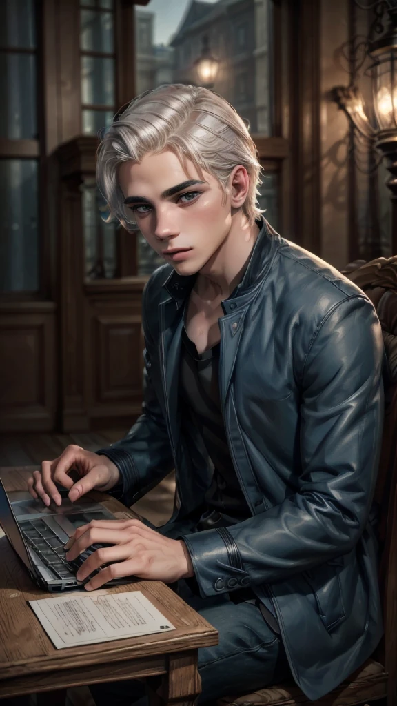 A young man, beautiful detailed eyes, beautiful detailed lips, extremely detailed eyes and face, long eyelashes, sitting, fiddling with laptop, white hair, black t-shirt, blue overcoat, power of technology, semi-realism, intricate details, cinematic lighting, photorealistic, 8k, hyper detailed, masterpiece, concept art, dramatic shadows