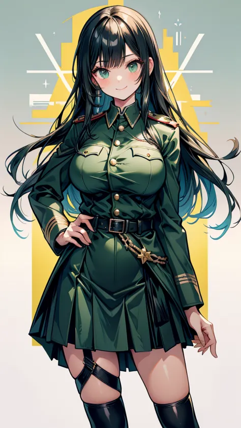 adult female　long hair　bangs　hime cut　black hair　expensive　smile　big breasts　dark green german military uniform　tight skirt　spat...