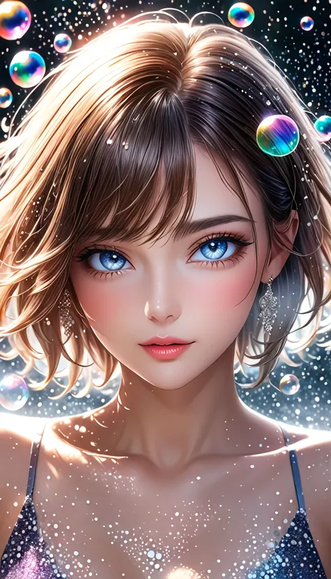 beautiful woman with seductionin her eyes, portrait, shading effects, gradation magic effects, glitter effects, soap bubbles eff...