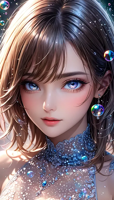 beautiful woman with seductionin her eyes, portrait, shading effects, gradation magic effects, glitter effects, soap bubbles eff...