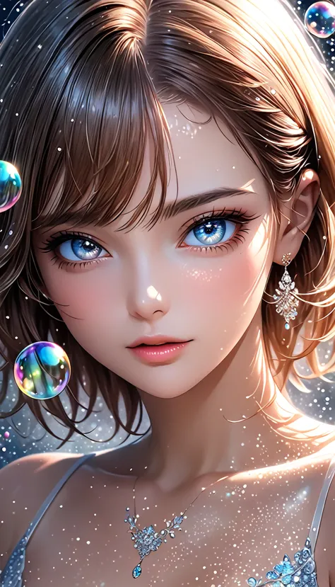 beautiful woman with seductionin her eyes, portrait, shading effects, gradation magic effects, glitter effects, soap bubbles eff...