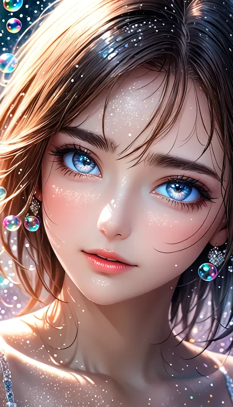 beautiful woman with seductionin her eyes, portrait, shading effects, gradation magic effects, glitter effects, soap bubbles eff...