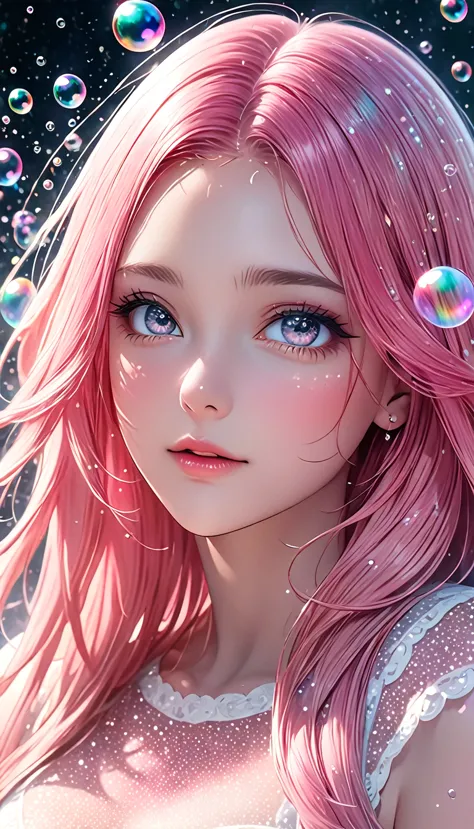 beautiful young woman with long pink hair,  portrait, shading effects, gradation magic effects, glitter effects, soap bubbles ef...