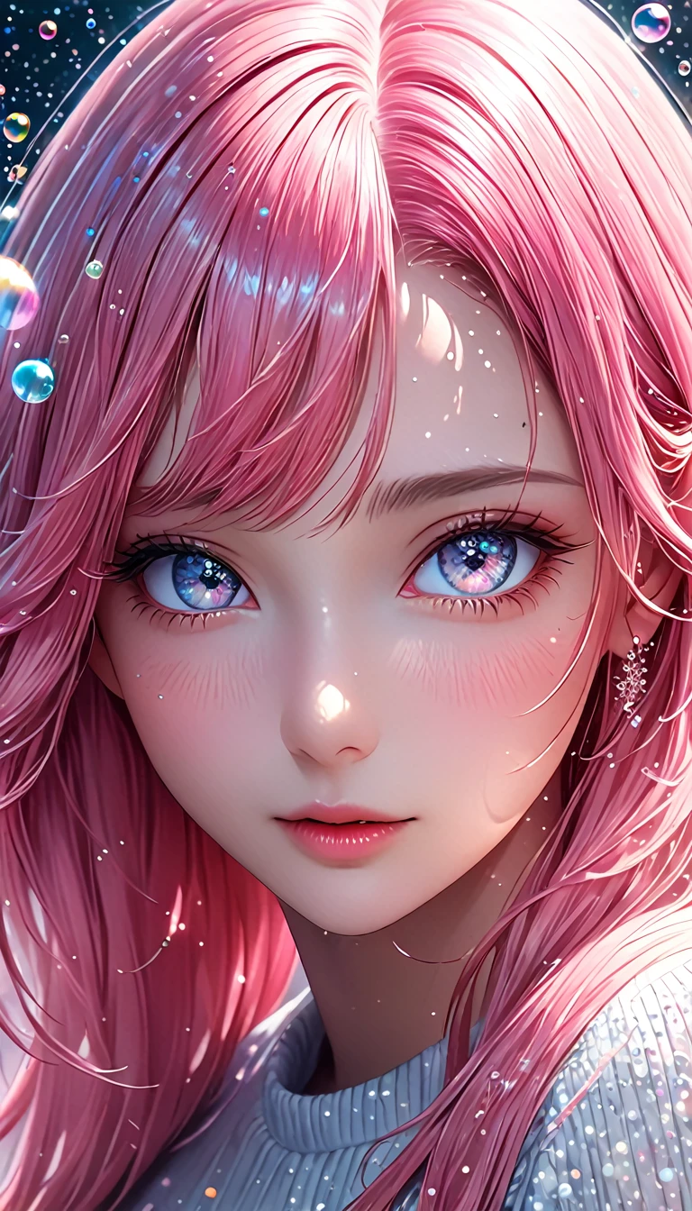 beautiful young woman with long pink hair,  portrait, shading effects, gradation magic effects, glitter effects, soap bubbles effects, foggy filter effect, (ultra detailed, absolutely resolution, best quality:1.3), 2.5D, delicate and dynamic, artistic photography, hyper realistic, graphic CG digital art, 