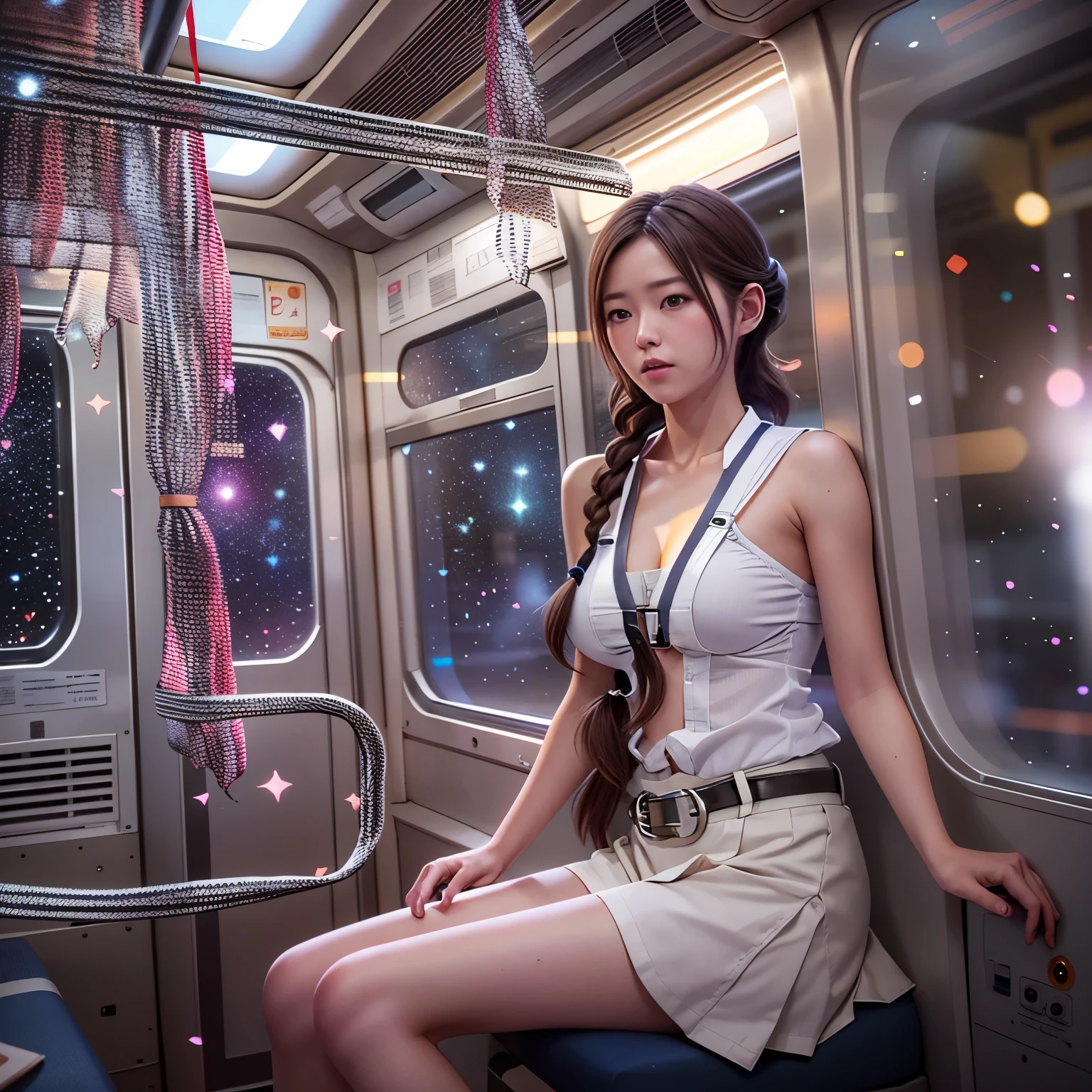 (((Misako Renbutsu)))Beautiful Young Female with ((Twin Braids) covering Bust) (Flashing Crotch) on ((Dusk Train)), (extremely delicate and beautiful) Detailed Closing Texture, Professional portrait of SemiNude photography, (((Unbuttoned WhiteShirt with beltbra:1.37)) White SkinnyShorts)Navel, (sitting_chair) {leaning back|(knee up to chest)}, (Motion blurred window){(Tyndall effect)|lens flare|Haze|bokeh} ZoomLayer (Oodles Blurred Colorful Lights (Starry particles)), (TopQuality Masterpiece of 8K Ultra-detailed DigitalPainting by Jeremy Lipking), (Clearly visible the Shape of Crotch), (extra leg:-1)