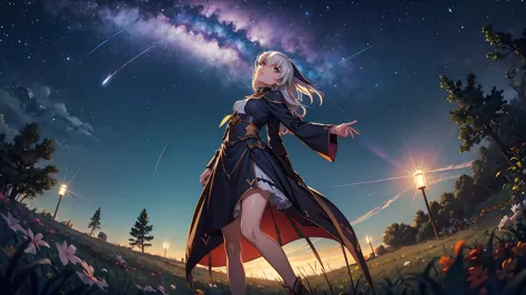 （dark elf）　grassland　looking up at the sky　　woman　adult　dress　night view