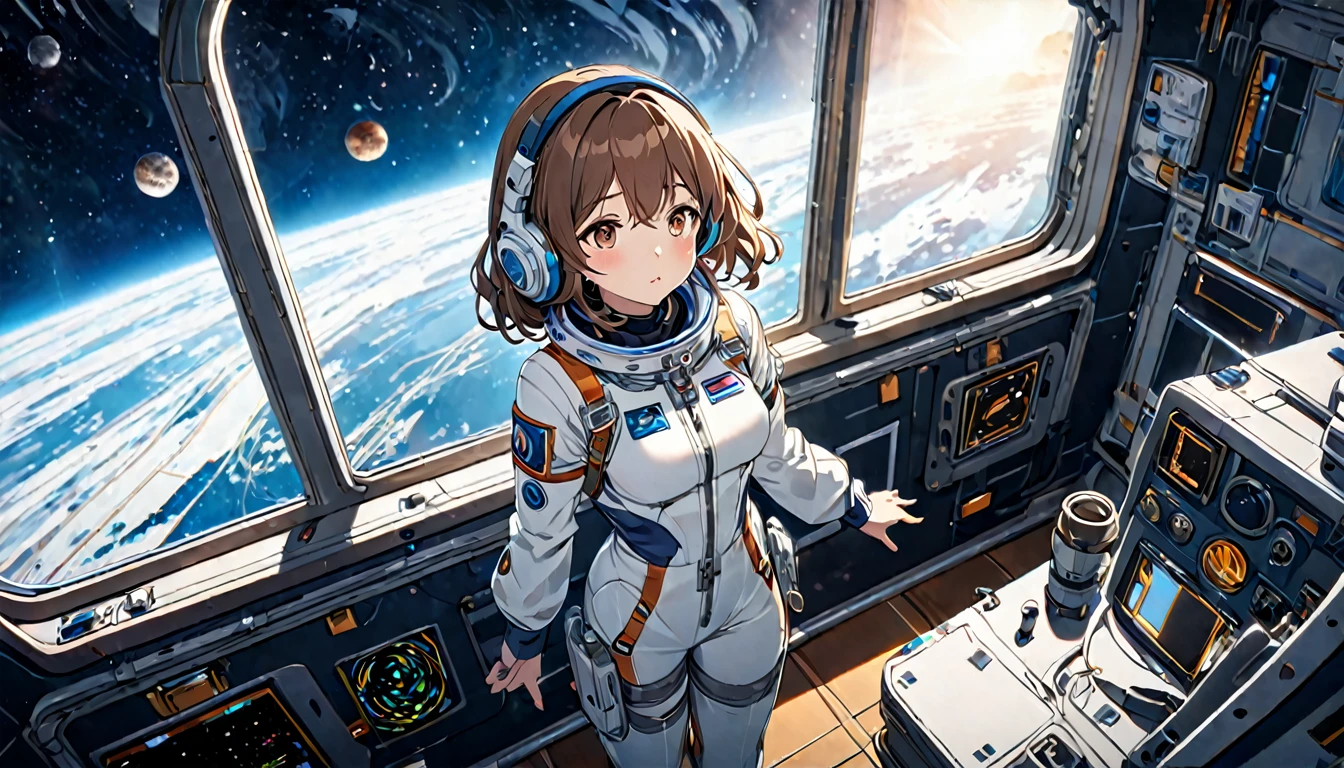 Brown-haired girl wearing headphones、Scene background of the Earth looking down from the space station window：Space station interior and earth view：Costume of a person gazing at the Earth with an emotional expression：Futuristic space suit pose：Standing by the window、Scenery looking down on the Earth：A quiet space station and a beautiful view of the Earth
(Detailed fingers), (Emotional), (Breathtakingly beautiful), (main part:1.2 Whole body), (Anime Style), (Very detailed), (超High resolution, High resolution), (8k), (Complex and beautiful: 1.2)
