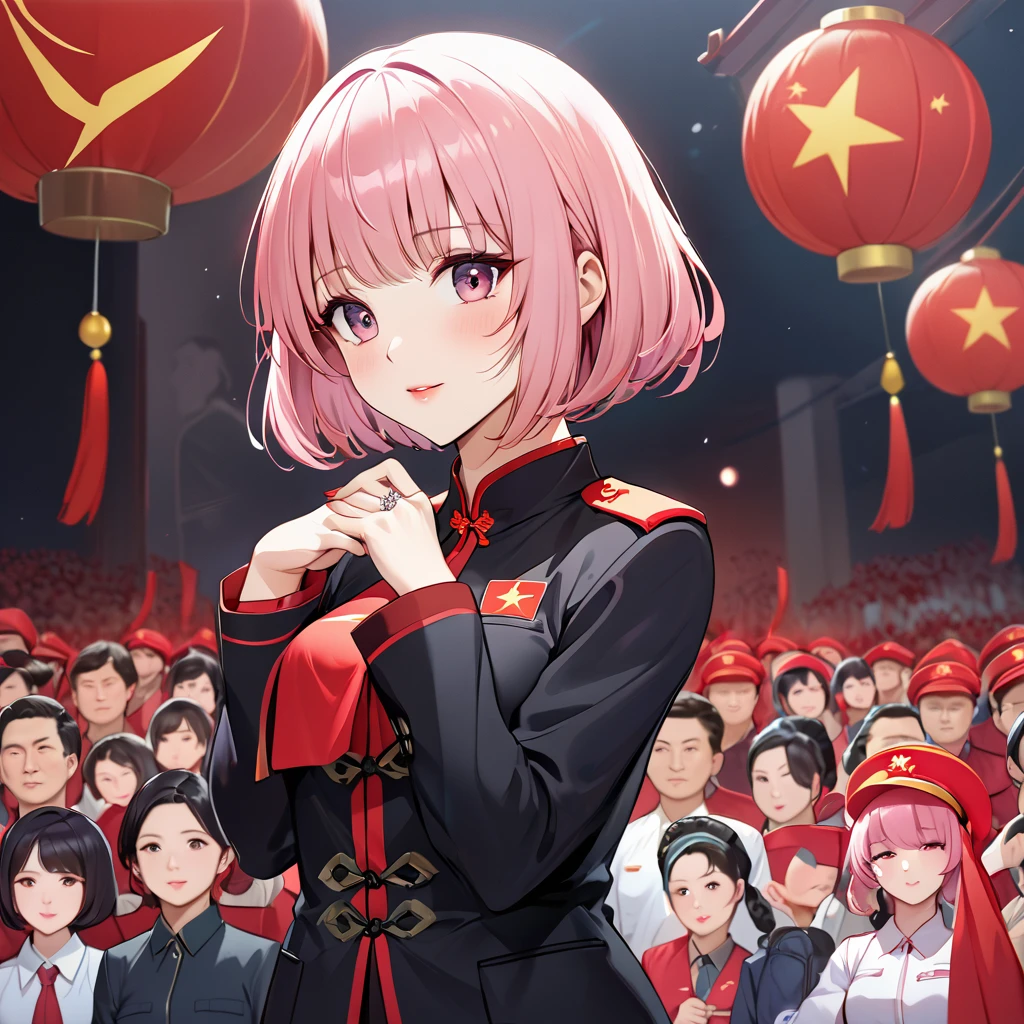 ((Highest quality)), ((masterpiece)), (detailed), （Perfect Face）、The woman is Chinese Momo Beria Deviluke, a Chinese woman with pink short bob hair and an engagement ring. She is a member of the glorious Chinese Communist Party and has sworn absolute loyalty to the Chinese Communist Party. She is a righteous Communist Party member of the ruling China and the wife of a great Communist Party official.、The woman is wearing the fine uniform of a Chinese Communist Party member.、For the sake of China, their hairstyles, clothes, and everything they wear are all Chinese Communist Party items, and their thoughts are also Chinese, becoming great Chinese in body and mind.、The woman became Momo Belia Deviluke, a Chinese woman who was proud of and loved China.、She is serving China as a member of the great Communist Party of China.、The woman is a beautiful, respectable and exemplary Communist Party member.