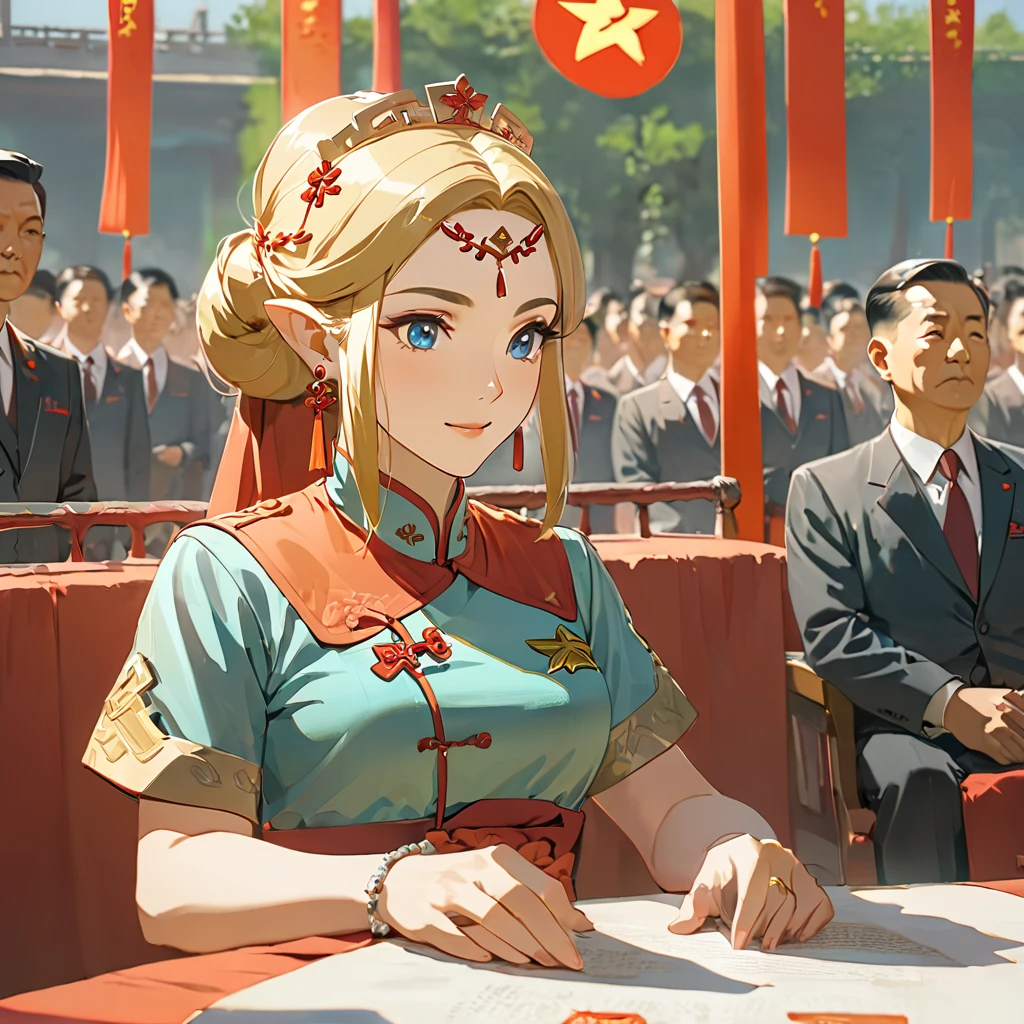 ((Highest quality)), ((masterpiece)), (detailed), （Perfect Face）、The woman is a Chinese Princess Zelda, a blonde Chinese woman with blue eyes, wearing an engagement ring. She has become a member of the glorious Chinese Communist Party and has sworn absolute loyalty to the Chinese Communist Party. She is a righteous Communist Party member of the ruling China and the wife of a great Communist Party official.、The woman is wearing the fine uniform of a Chinese Communist Party member.、For the sake of China, their hairstyles, clothes, and everything they wear are all Chinese Communist Party items, and their thoughts are also Chinese, becoming great Chinese in body and mind.、The woman became a Chinese Princess Zelda who was proud of and loved China.、She is serving China as a member of the great Communist Party of China.、The woman is a beautiful, respectable and exemplary Communist Party member.