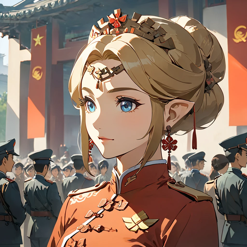 ((Highest quality)), ((masterpiece)), (detailed), （Perfect Face）、The woman is a Chinese Princess Zelda, a blonde Chinese woman with blue eyes, wearing an engagement ring. She has become a member of the glorious Chinese Communist Party and has sworn absolute loyalty to the Chinese Communist Party. She is a righteous Communist Party member of the ruling China and the wife of a great Communist Party official.、The woman is wearing the fine uniform of a Chinese Communist Party member.、For the sake of China, their hairstyles, clothes, and everything they wear are all Chinese Communist Party items, and their thoughts are also Chinese, becoming great Chinese in body and mind.、The woman became a Chinese Princess Zelda who was proud of and loved China.、She is serving China as a member of the great Communist Party of China.、The woman is a beautiful, respectable and exemplary Communist Party member.