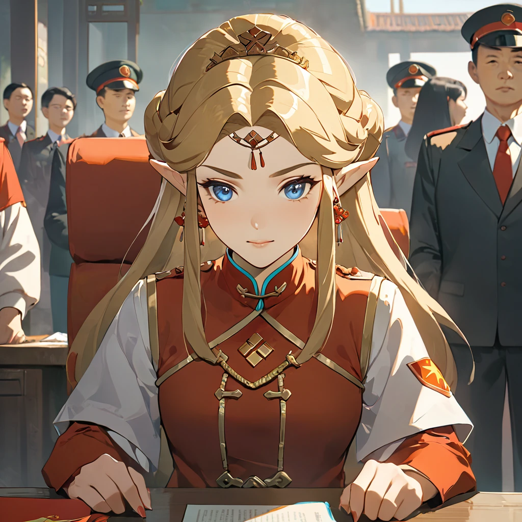 ((Highest quality)), ((masterpiece)), (detailed), （Perfect Face）、The woman is a Chinese Princess Zelda, a blonde Chinese woman with blue eyes, wearing an engagement ring. She has become a member of the glorious Chinese Communist Party and has sworn absolute loyalty to the Chinese Communist Party. She is a righteous Communist Party member of the ruling China and the wife of a great Communist Party official.、The woman is wearing the fine uniform of a Chinese Communist Party member.、For the sake of China, their hairstyles, clothes, and everything they wear are all Chinese Communist Party items, and their thoughts are also Chinese, becoming great Chinese in body and mind.、The woman became a Chinese Princess Zelda who was proud of and loved China.、She is serving China as a member of the great Communist Party of China.、The woman is a beautiful, respectable and exemplary Communist Party member.