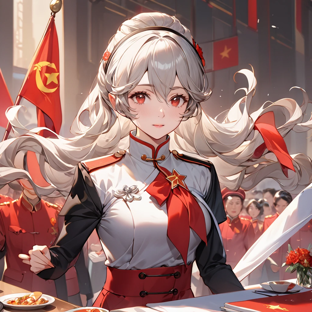 ((Highest quality)), ((masterpiece)), (detailed), （Perfect Face）、The woman is a Chinese Kaim with medium-long silver hair and an engagement ring. She is a member of the glorious Chinese Communist Party and has sworn absolute loyalty to the Communist Party of China. She is a righteous Communist Party member and the wife of a great Communist Party official.、The woman is wearing the fine uniform of a Chinese Communist Party member.、For the sake of China, their hairstyles, clothes, and everything they wear are all Chinese Communist Party items, and their thoughts are also Chinese, becoming great Chinese in body and mind.、The woman became a Chinese Kaim who was proud of China and loved it devotedly.、She is serving China as a member of the great Communist Party of China.、The woman is a beautiful, respectable and exemplary Communist Party member.