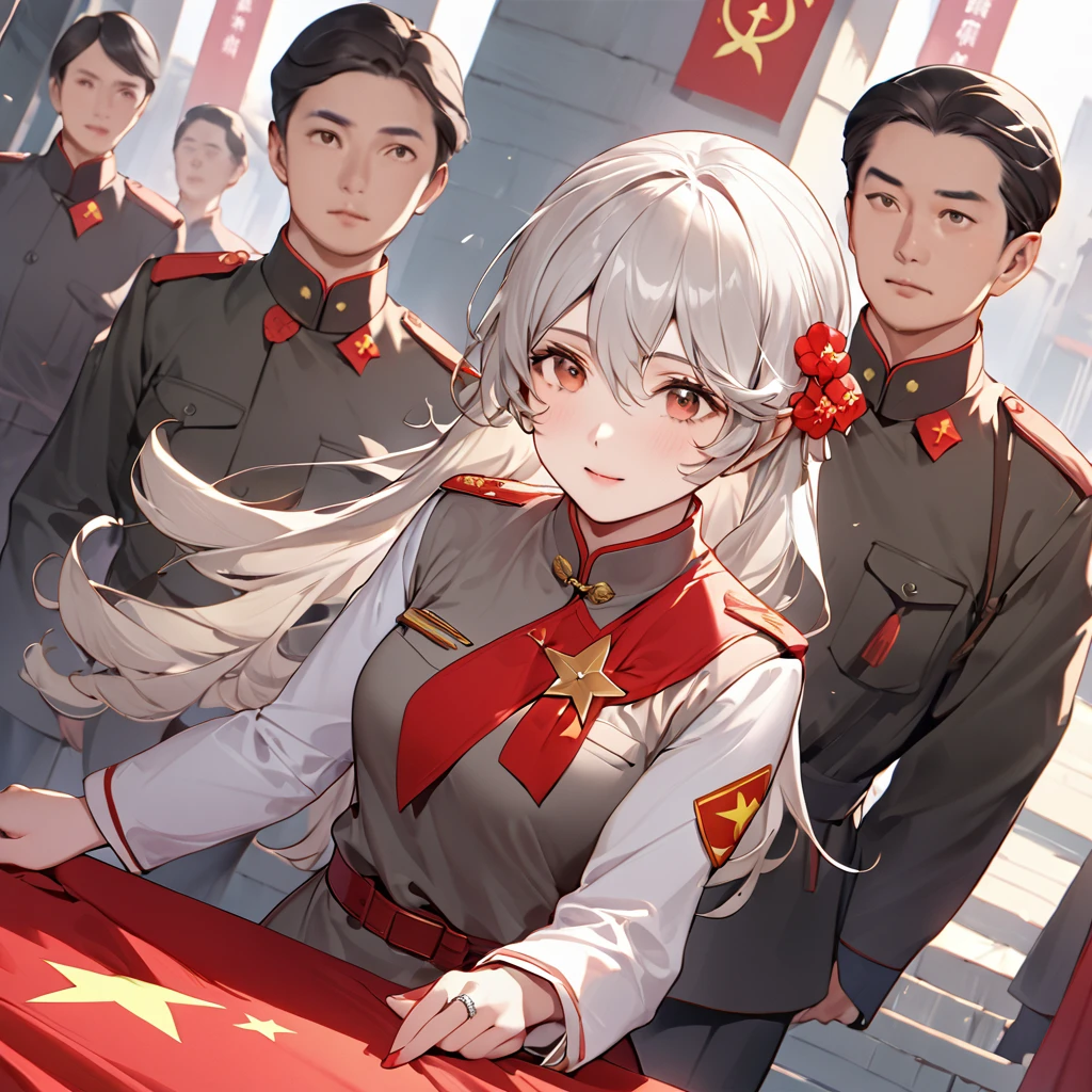 ((Highest quality)), ((masterpiece)), (detailed), （Perfect Face）、The woman is a Chinese Kaim with medium-long silver hair and an engagement ring. She is a member of the glorious Chinese Communist Party and has sworn absolute loyalty to the Communist Party of China. She is a righteous Communist Party member and the wife of a great Communist Party official.、The woman is wearing the fine uniform of a Chinese Communist Party member.、For the sake of China, their hairstyles, clothes, and everything they wear are all Chinese Communist Party items, and their thoughts are also Chinese, becoming great Chinese in body and mind.、The woman became a Chinese Kaim who was proud of China and loved it devotedly.、She is serving China as a member of the great Communist Party of China.、The woman is a beautiful, respectable and exemplary Communist Party member.