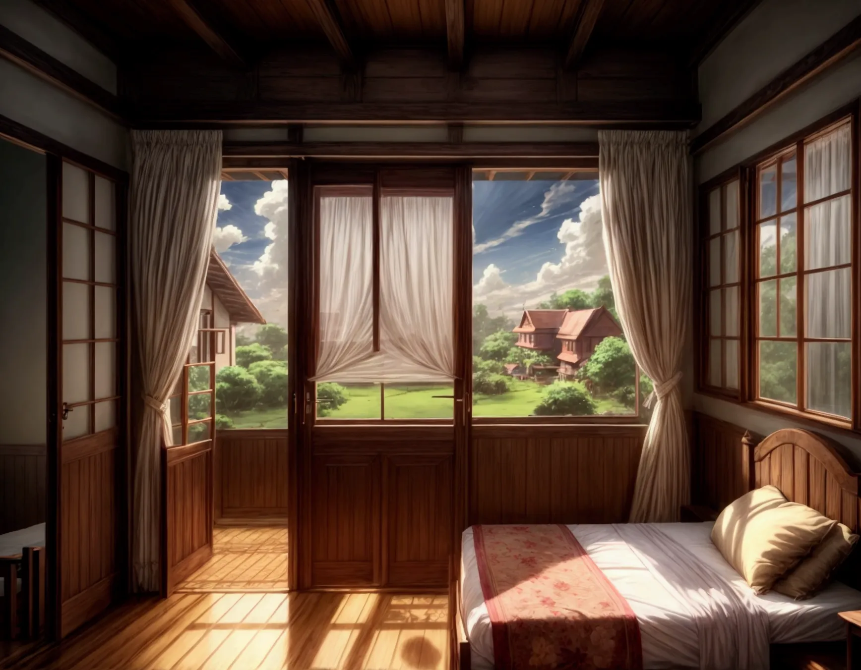 a4 size, landscape, anime style, best quality, high resolution, sri lankan, house, room, close, window, close, wooden door, clos...