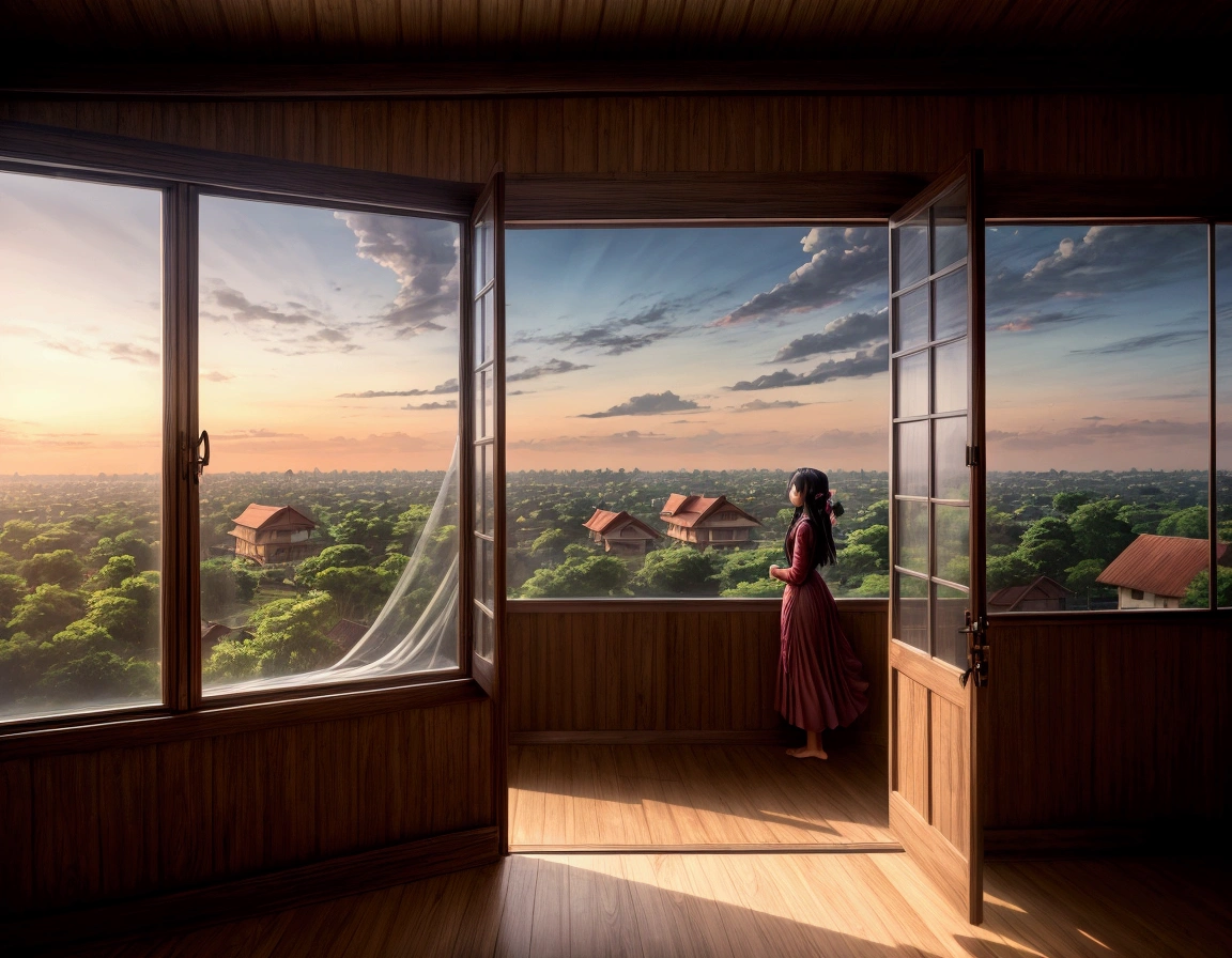 A4 size, landscape, anime style, best quality, high resolution, sri lankan, house, room, close, window, close, wooden door, close, curtain, evening sky, middle class girl, in room, relax home dress,