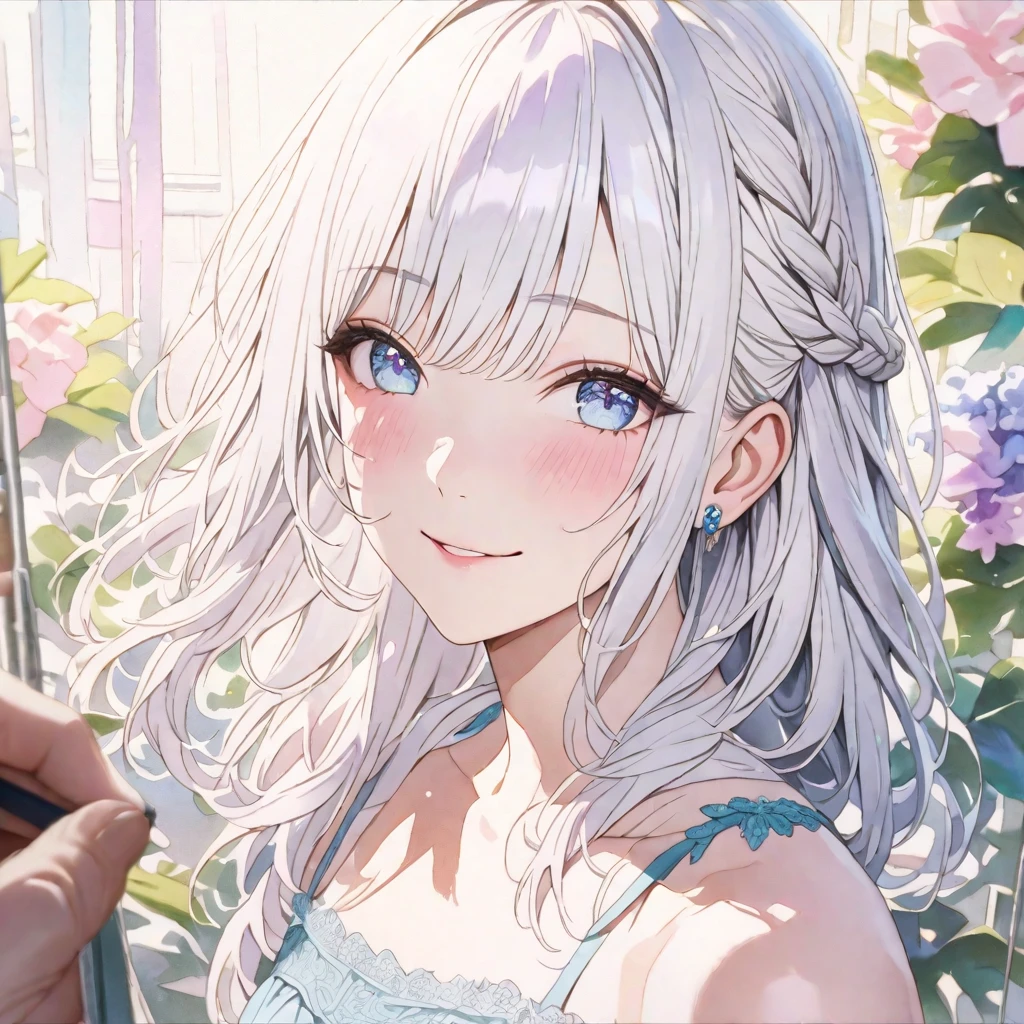 a beautiful detailed girl with long light white hair in a braid, heavy bangs, soft light blue eyes, a sweet smile, wearing a sexy lacy camisole, detailed watercolor painting, solo, handsome, lolita, photorealistic, 8k, high quality, masterpiece, intricate details, sharp focus, vivid colors