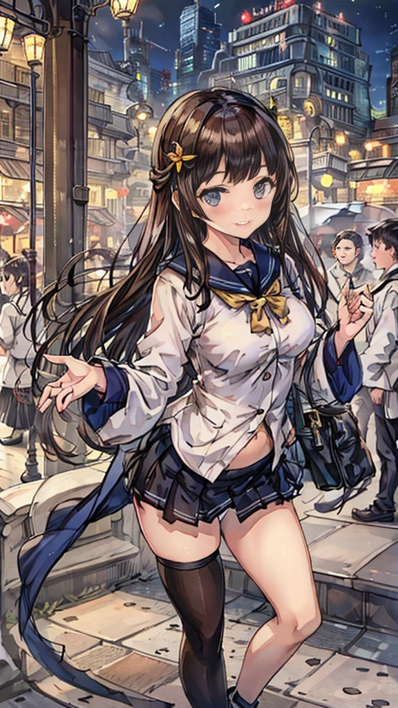 {Highest quality], [so beautiful], [Ultra-fine], [Best illustrations], Browsing Caution,Brown Hair, Hime cut, Long Hair, With bangs, girl,high school student,uniform,knit,skirt,smile, blush, Slender women, Adult female,Standing posture,(public),Night Park,Summer festival,diagonal, Navy blue knee socks,Black Loafers、stripe々
panties、In underwear