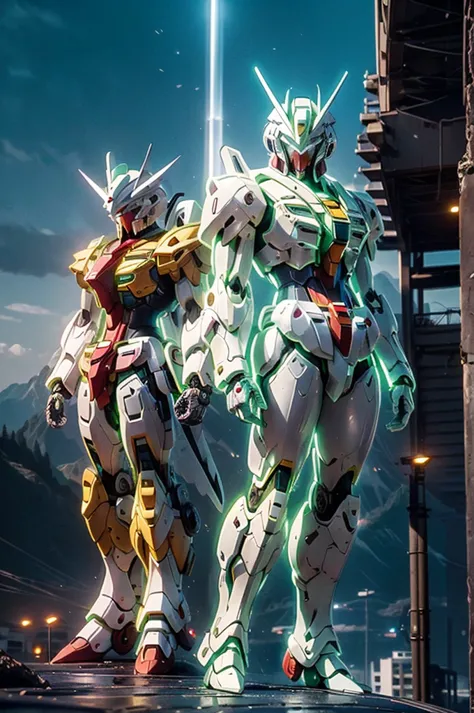 (masterpiece:1.2),anime,Highest quality,(A giant, chubby, female Gundam-type cyborg:1.4),large anime eyes,(Small breasts:1.2),Pale green hair,blue eyes,(expensive:1.3),Kind Face,Muscular,(In his right hand he holds a giant plasma sword:1.1),(Long tower shield on left hand:1.1),Half Cover Helmet,, (Anatomically correct:1.6),(Anatomically correct hands:1.5),(Anatomically correct feet:1.5),(Elegant hands:1.4)，Dynamic pose，Bruises and gestures，neon lights clothes，