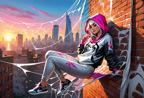 graffiti, pastel, graffiti on brick wall, spray paint on wall, colorful graffiti, street art, spider gwen lying in white web ham...