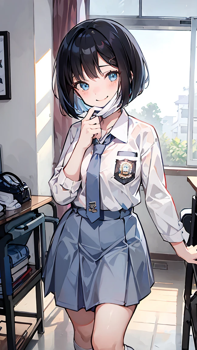 Best quality, 1 woman, 17 years old, (short bob haircut, black hair), scared face expression, plump body, blue eyes, Indonesian high-school uniform, (wearing transparent white shirt, long sleeves), osis logo on shirt pocket, medium breasts, light-grey long skirt, light-grey tie, over knee socks, standing pose, cowboy shot, shy face, smiling, blush, looking_at_viewer, glasses, wear a mask, (white surgical mask, surgical mask fit his face, mask_pull), in the classroom,