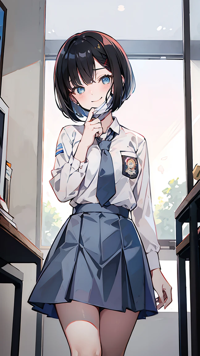 Best quality, 1 woman, 17 years old, (short bob haircut, black hair), scared face expression, plump body, blue eyes, Indonesian high-school uniform, (wearing transparent white shirt, long sleeves), osis logo on shirt pocket, medium breasts, light-grey long skirt, light-grey tie, over knee socks, standing pose, cowboy shot, shy face, smiling, blush, looking_at_viewer, glasses, wear a mask, (white surgical mask, surgical mask fit his face, mask_pull), in the classroom,