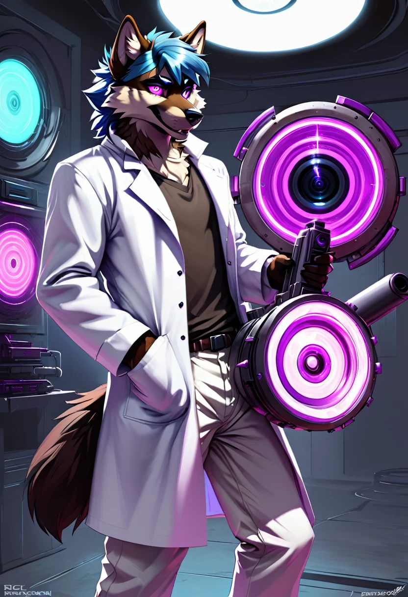 Sexy wolf, Male, furry, purple black and fuchsia, rick sanchez, black eyes, blue hair, white lab coat, brown pants, holding one of rick sanchez portal gun (score_9,score_8_up,score_7_up,score_6_up,score_5_up,score_4_up)