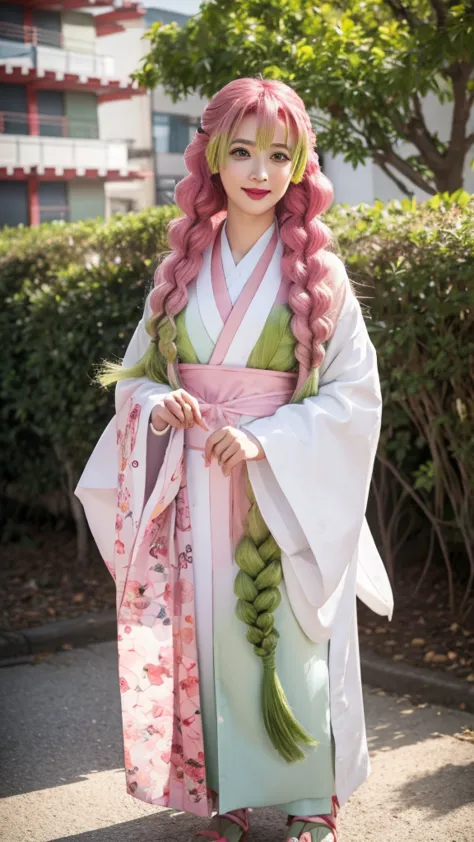 a full body of a person with long hair and a kimono white, mitsuri kanroji, mitsuri kanroji from demon slayer, as an anime chara...