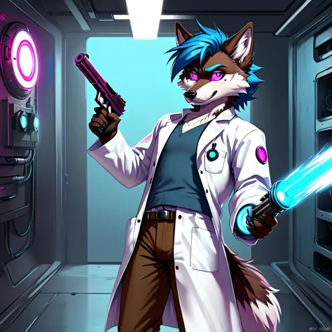 sexy wolf, male, furry, blue white, and fuchsia, rick sanchez, black eyes, blue hair, white lab coat, brown pants, holding one o...