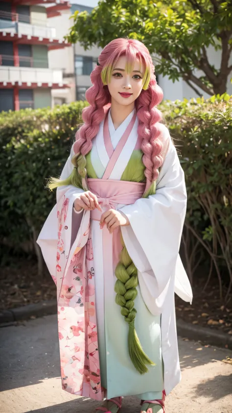 a full body of a person with long hair and a kimono white, mitsuri kanroji, mitsuri kanroji from demon slayer, as an anime chara...