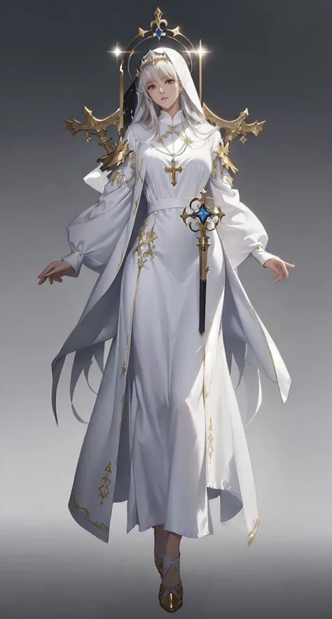 wearing a white dress、wearing a crown、woman holding a sword, dressed like a priest, pretty female priest, female priest, white a...