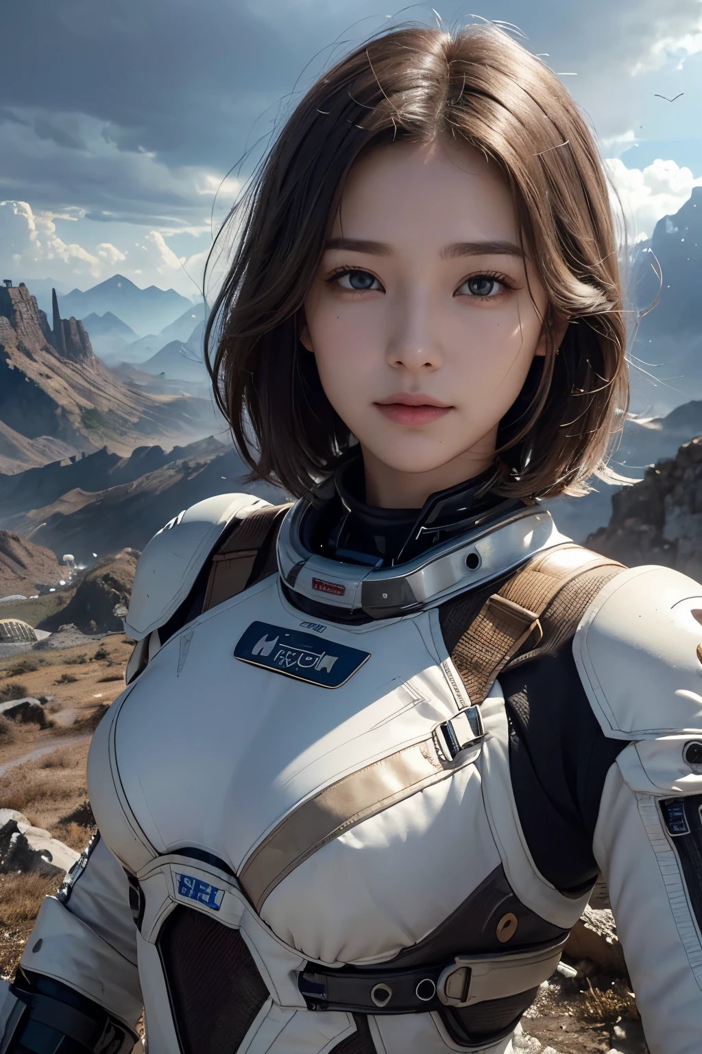 Ultra-high resolution、(Real:1.4)、One beautiful woman、Beautifully detailed eyes and skin、Little Smile、Light brown short hair、Small Bust、Intricately designed spacesuit、Wreckage of a large spaceship、Remains of megastructures、wasteland、Valley、Mountain、Cloudy sky、It's going to rain、A flood、