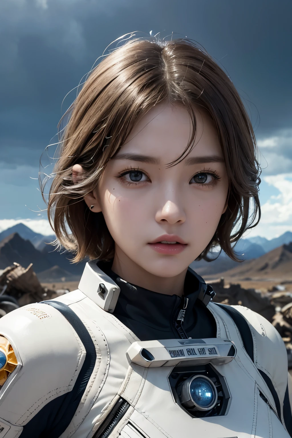 Ultra-high resolution、(Real:1.4)、One beautiful woman、Beautifully detailed eyes and skin、Angry face、Light brown short hair、Small Bust、Intricately designed spacesuit、Wreckage of a large spaceship、Remains of megastructures、wasteland、Valley、Mountain、Cloudy sky、It's going to rain、A flood、