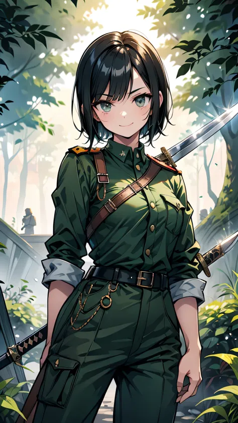 short hair　black hair　expensive　narrow eyes　smile　glare　frivolous attitude　dark green german military uniform　pants　roll up your...