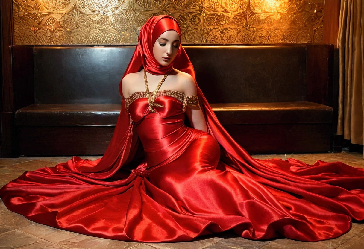 An alluring woman shrouded in a 4-meter-long, plush red satin cloth, half nude, tightly bound and grandly draping along the form of her body, flowing off into a pooled floor-length train, styled in a mermaid-inspired outfit, her head modestly veiled in a satin hijab, in hotel loby, a full-body pose conveying a sense of mysterious elegance, captured in a 4k resolution, ultra-realistic