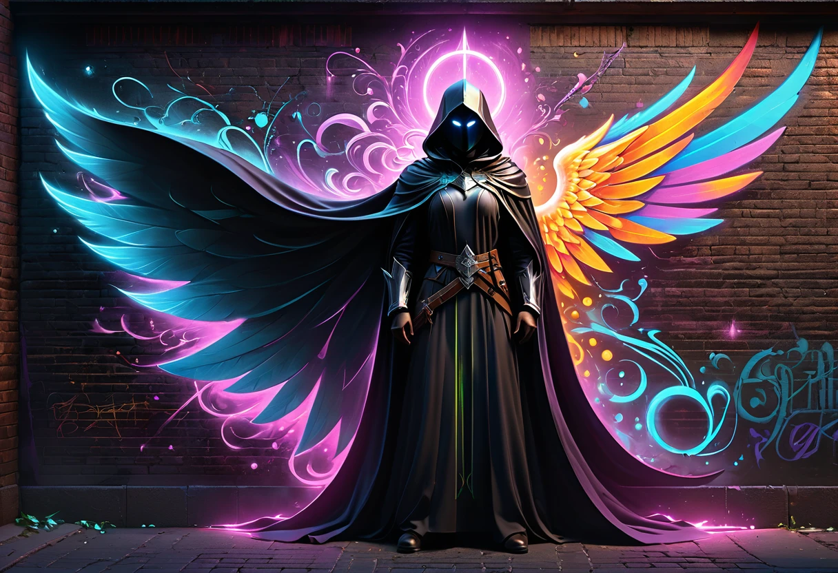 graffiti, pastel, graffiti on brick wall, spray paint on wall, colored graffiti, street art, score_9, score_8_up, score_7_up, score_6_up, score_5_up, score_4_up, poster art, evil knight with a long flowing dark cape, angel of darkness, fearsome and visually striking character with shifting tendrils, dark holographic glow, dim light, fantasy art, attention to details, octane render, volumetrics, by greg rutkowski