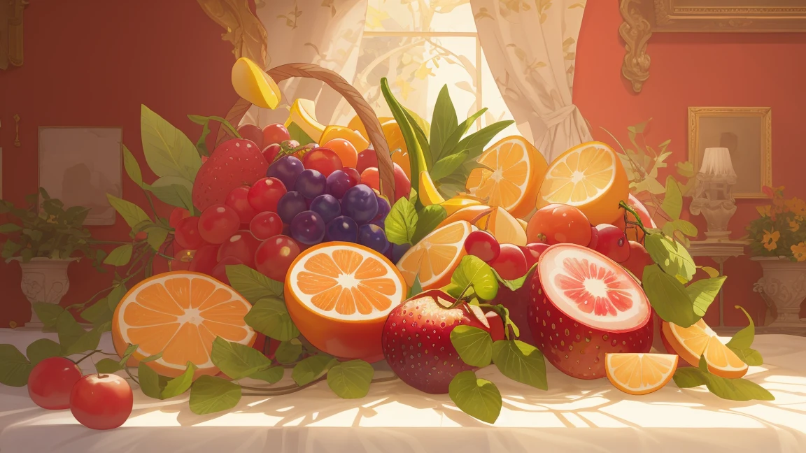  Background in a beautiful house, Ultra HD fruit basket, realistic, Bright colors, Highly detailed, UHD Drawing, perfect composition, Complex with beautiful details