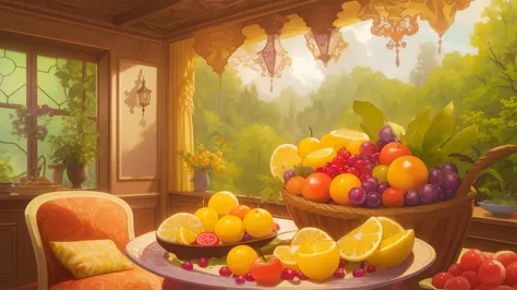 background in a beautiful house, ultra hd fruit basket, realistic, bright colors, highly detailed, uhd drawing, perfect composit...