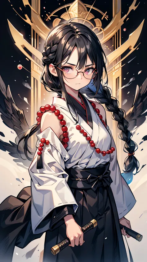 mature　braid on right shoulder　black hair　expensive　narrow eyes　glasses　expressionless　glare　frivolous attitude　japanese priest　...