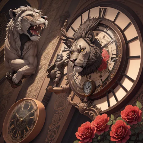 Drawing of an aggressive roaring lion with a clock in the background and a realistic rose below 