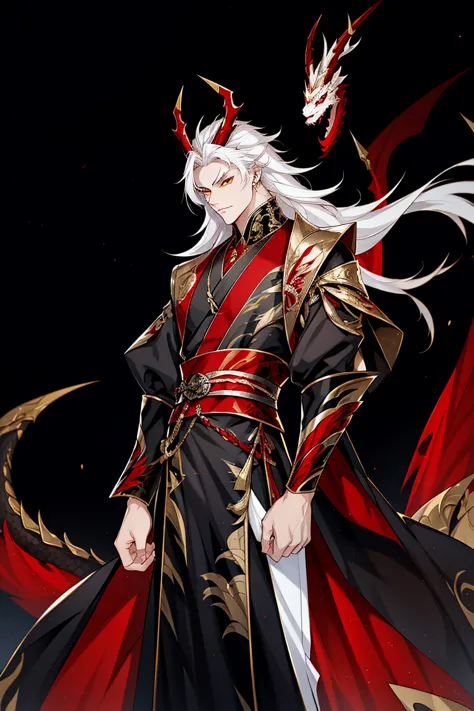 dragon man, wearing a black hanfu with red dragon details and a gold trim on the outer garment highlighting the aura of a leader...