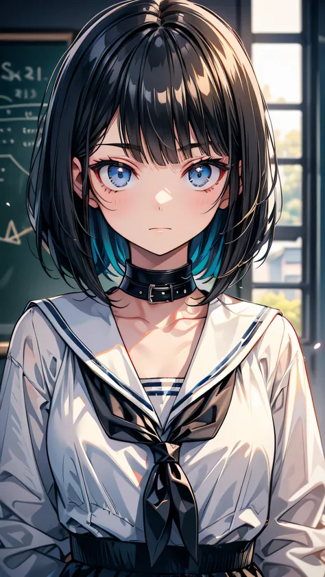 high school student　bobcut　black hair　expensive　narrow eyes　expressionless　glare　frivolous attitude　country-style black sailor s...