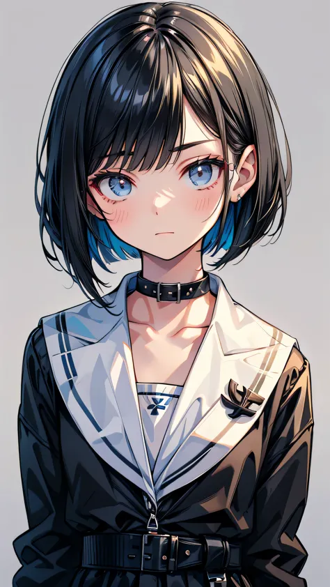 high school student　bobcut　black hair　expensive　narrow eyes　expressionless　glare　frivolous attitude　country-style black sailor s...