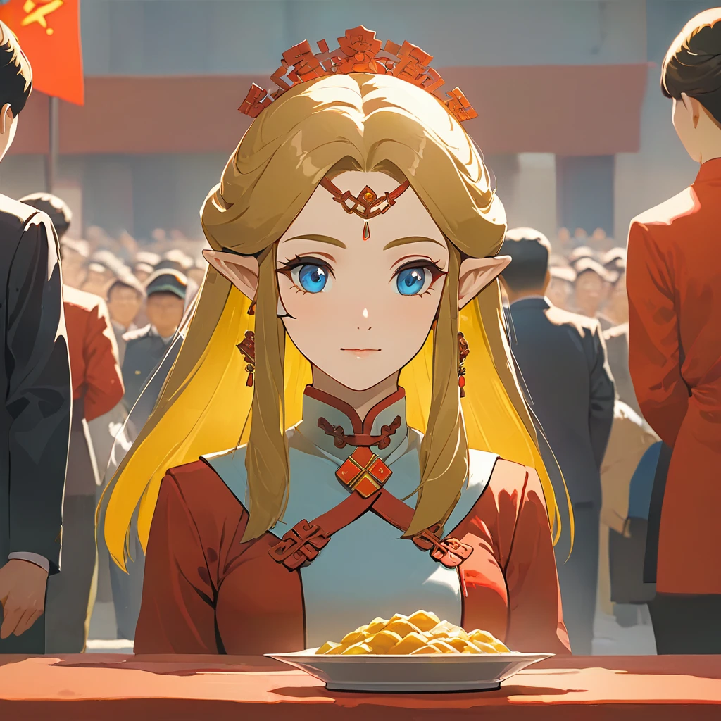 ((Highest quality)), ((masterpiece)), (detailed), （Perfect Face）、The woman is a Chinese Princess Zelda, a blonde Chinese woman with blue eyes, wearing an engagement ring. She has become a member of the glorious Chinese Communist Party and has sworn absolute loyalty to the Chinese Communist Party. She is a righteous Communist Party member of the ruling China and the wife of a great Communist Party official.、The woman is wearing the fine uniform of a Chinese Communist Party member.、For the sake of China, their hairstyles, clothes, and everything they wear are all Chinese Communist Party items, and their thoughts are also Chinese, becoming great Chinese in body and mind.、The woman became a Chinese Princess Zelda who was proud of and loved China.、She is serving China as a member of the great Communist Party of China.、The woman is a beautiful, respectable and exemplary Communist Party member.